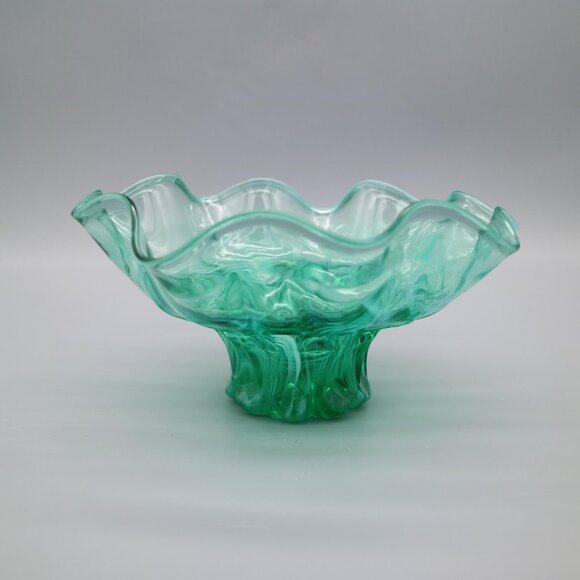 Vintage Green Marbled Swirl Glass Pedestal Bowl with Ruffled Edge, Footed Candy - Picture 2 of 6